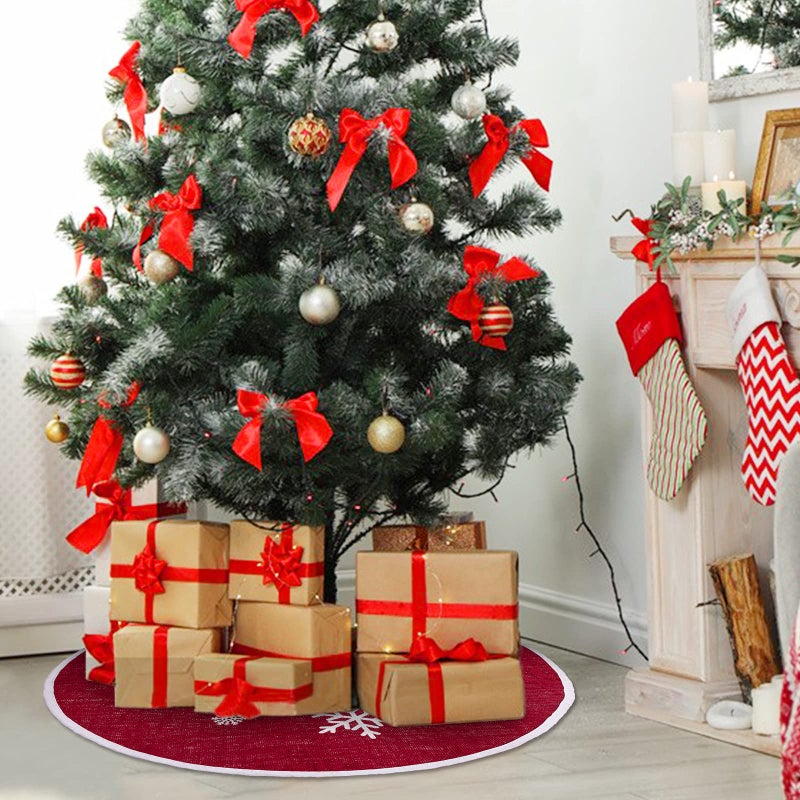 MACTING Christmas Burlap Tree Skirt, 30 Inch Red Countryside Tree Skirt with White Snowflake Printed, Small Rustic Tree Mat for Home Party Holiday Winter Indoor Xmas Decorations - Image 3